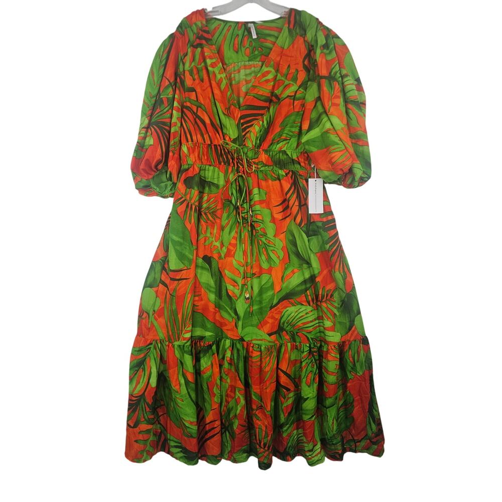NEW Truly 4 You Green Orange Tropical V-Neck Summer Maxi Beachy Dress Plus 2X